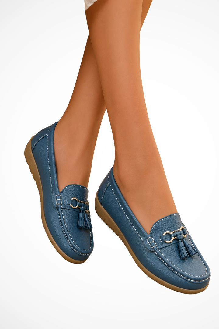 Sorvienne Tassel Leather Orthopaedic Loafers in Blue