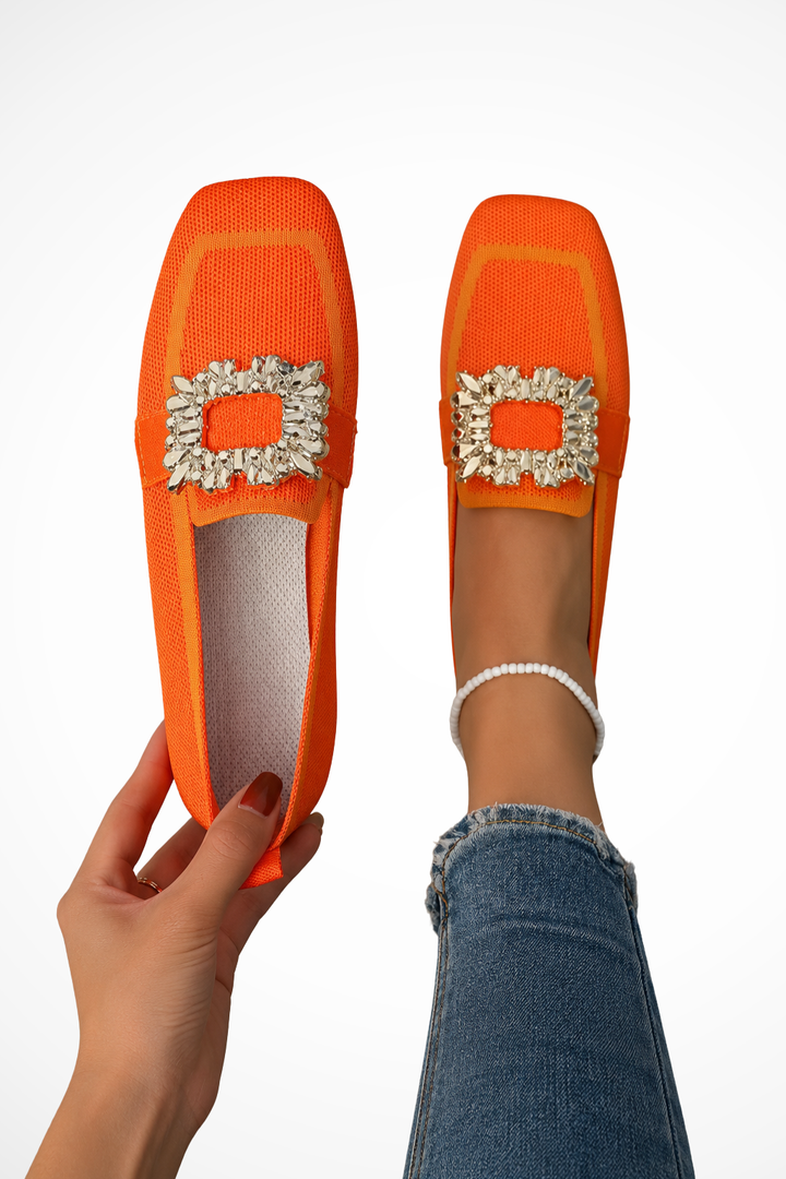 Sorvienne Embellished Square Toe Orthopaedic Loafers in Orange