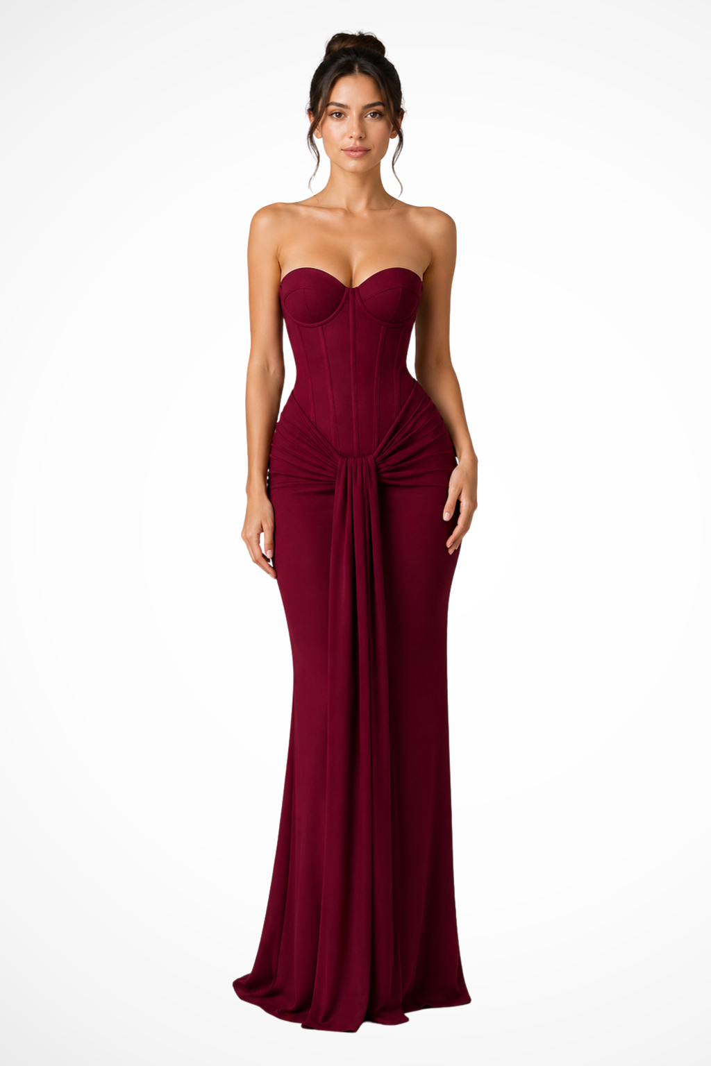 Sorvienne Women's Lace Corset Strapless Draped Maxi Dress in Burgundy