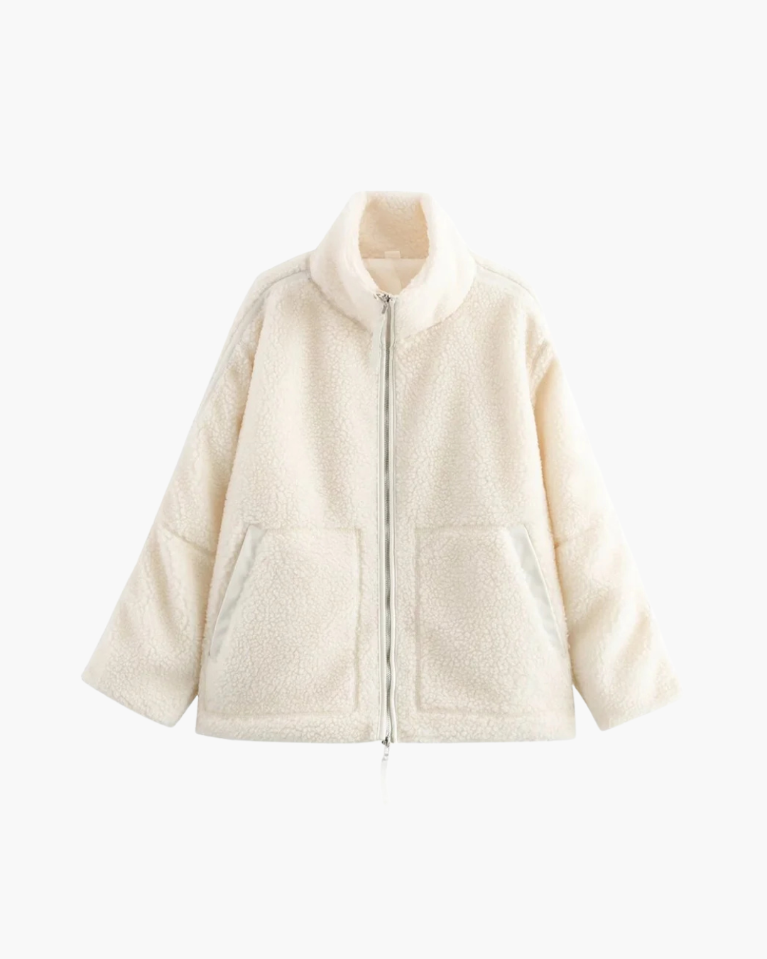 Sorvienne Oversized Zip Through Borg Jacket in Cream
