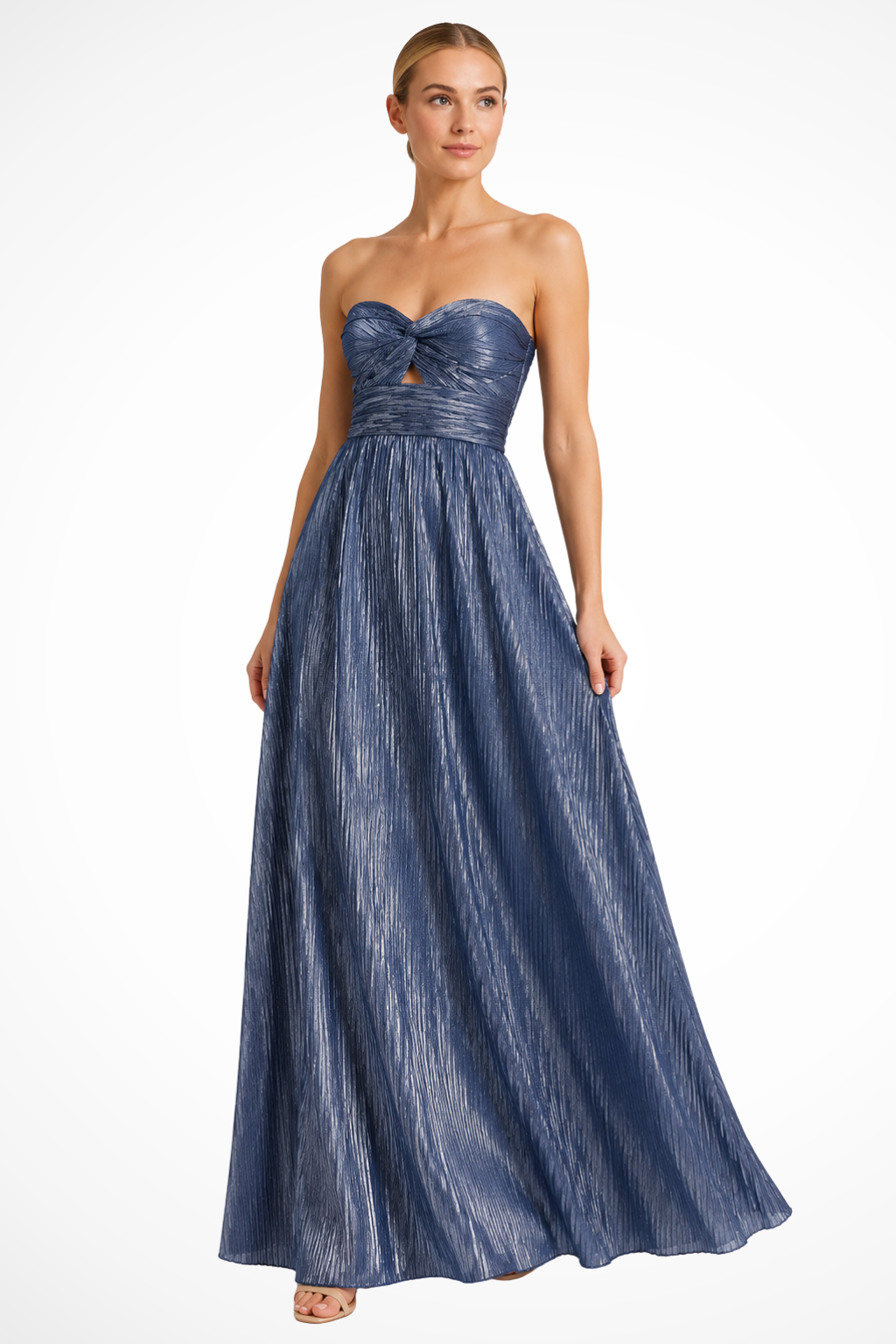 Sorvienne Strapless Twist Front Pleated Maxi Dress in Blue