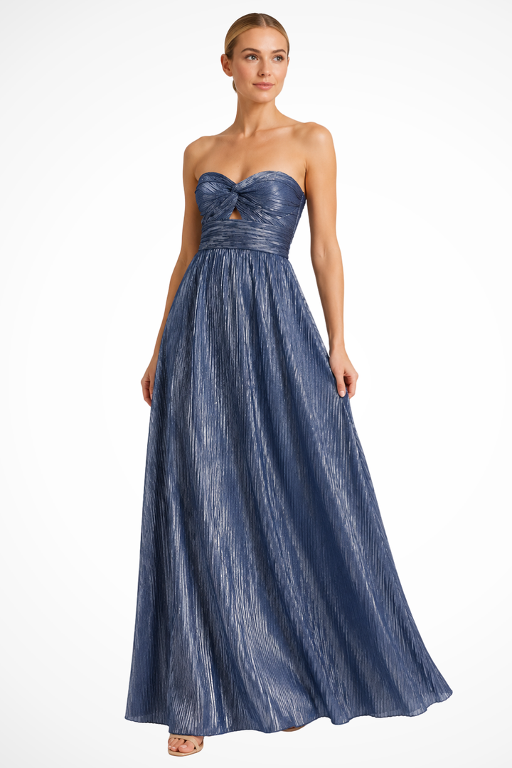 Sorvienne Strapless Twist Front Pleated Maxi Dress in Blue