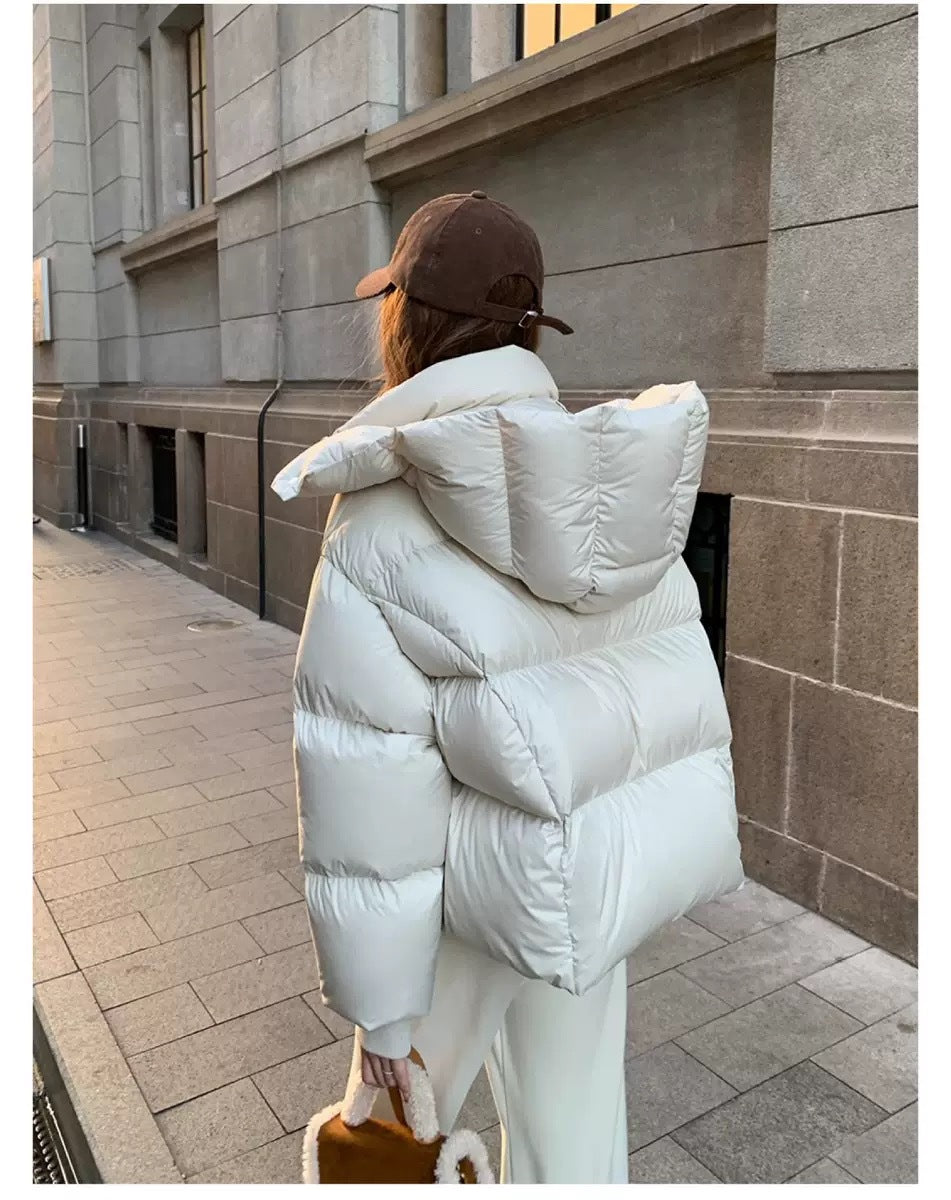 Sorvienne Oversized Cropped Hooded Puffer Jacket in Cream
