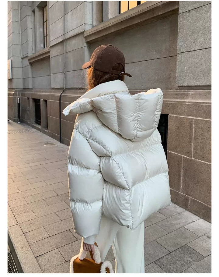 Sorvienne Oversized Cropped Hooded Puffer Jacket in Cream