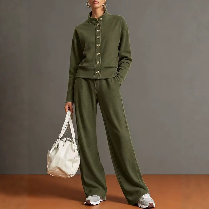 Sorvienne Relaxed Button Front Knitted Co Ord Set in Olive