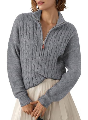 Sorvienne Relaxed Cable Knit Quarter Zip Jumper in Grey