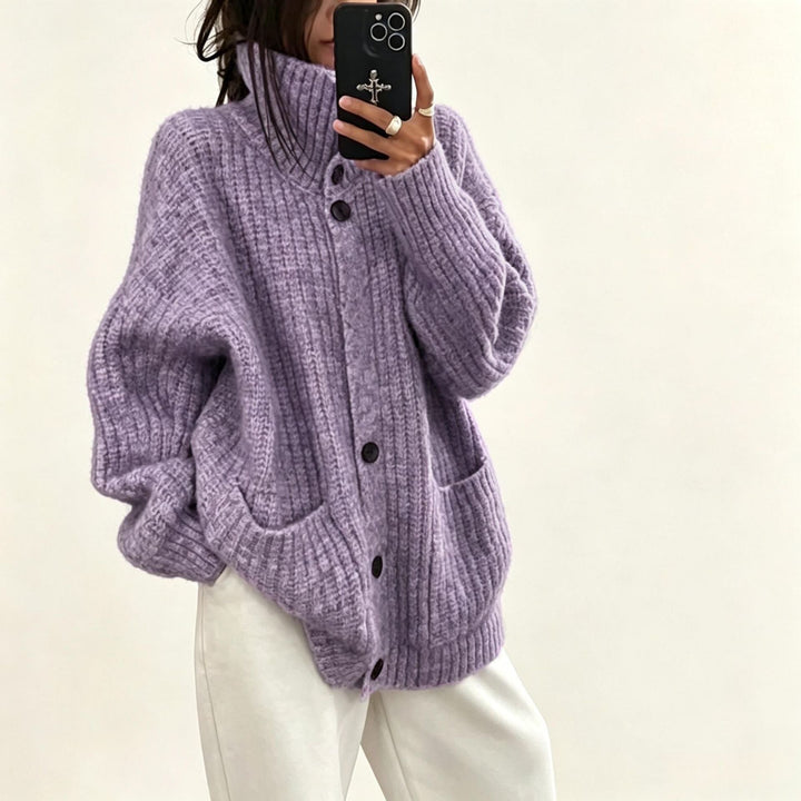 Sorvienne Oversized Chunky Rib Funnel Neck Cardigan in Lilac