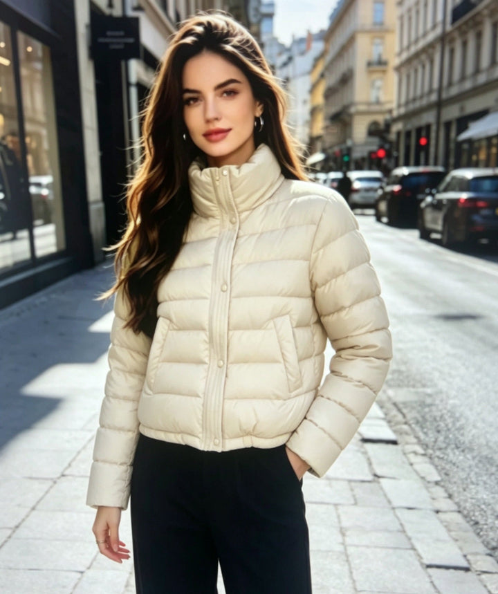 Sorvienne Relaxed Funnel Neck Cropped Puffer Jacket in Cream