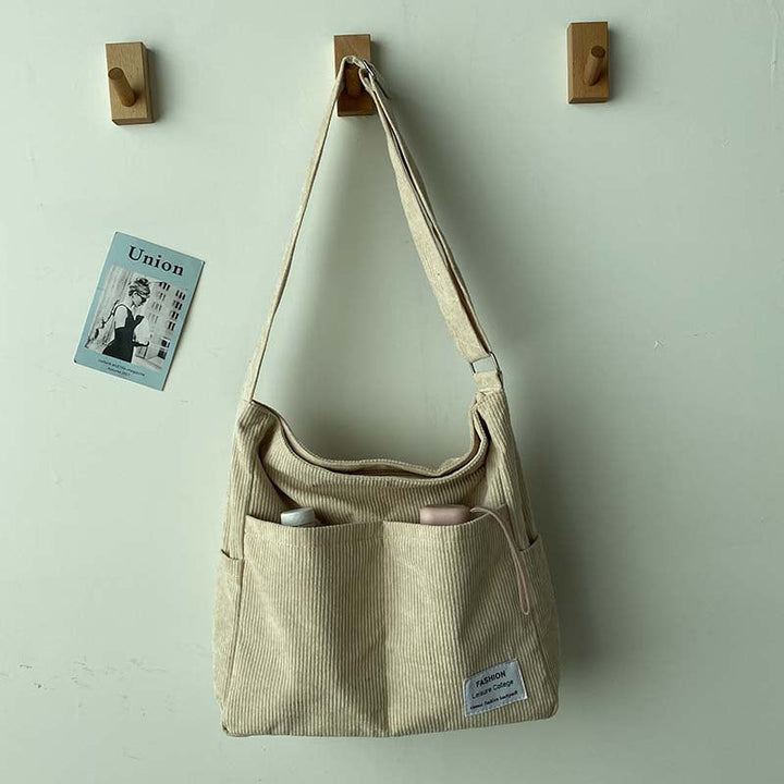 Sorvienne Large Front Pocket Cord Shoulder Bag in Cream