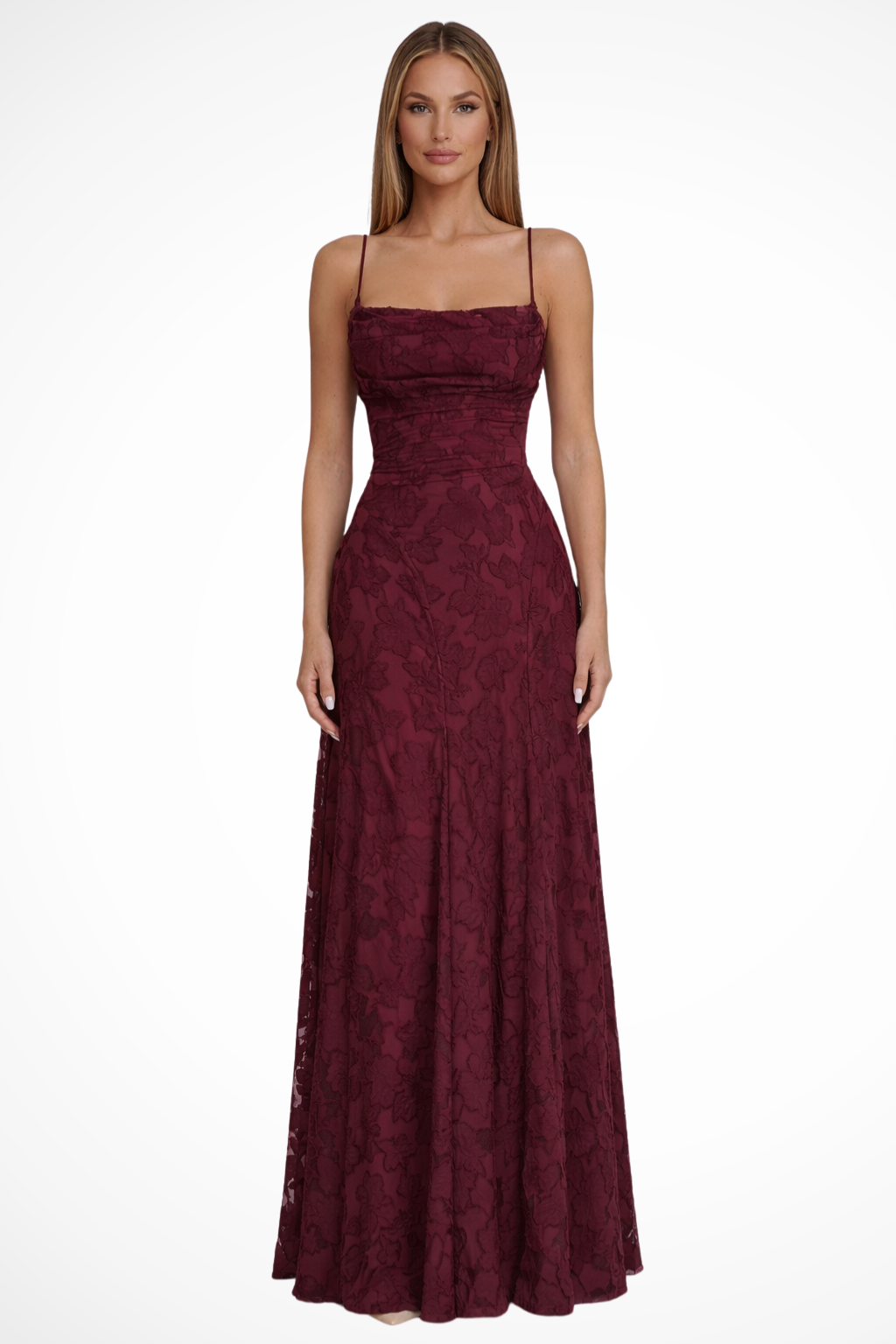 Floral Jacquard Lace-Up Maxi Dress Claret – Sorvienne