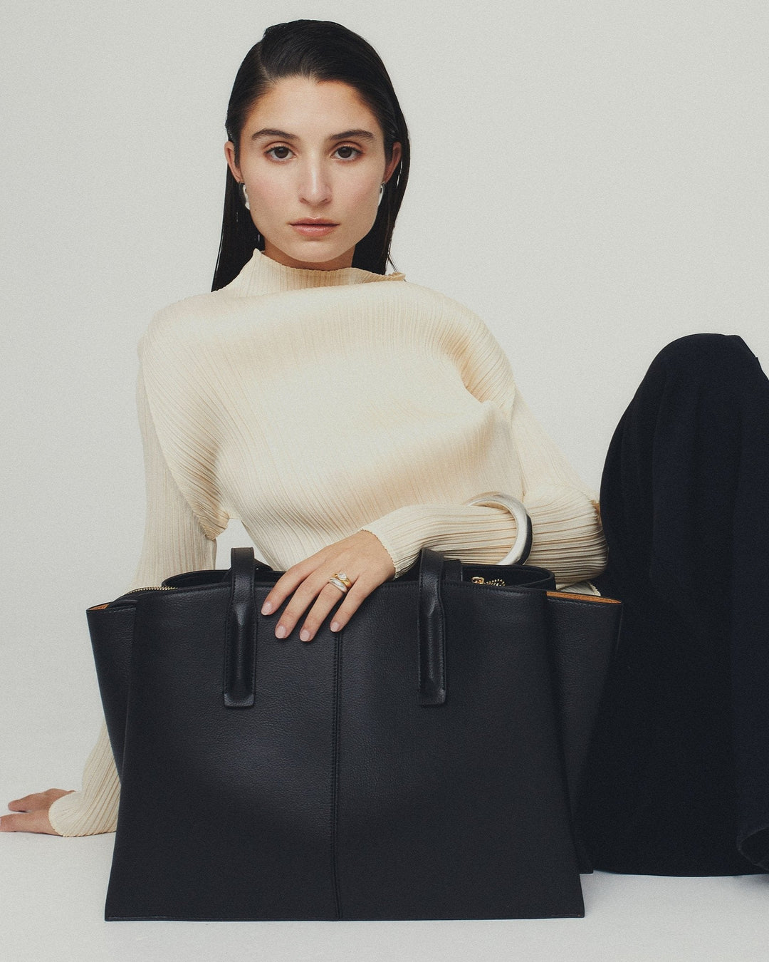 Sorvienne Structured Three Compartment Laptop Tote Bag in Black