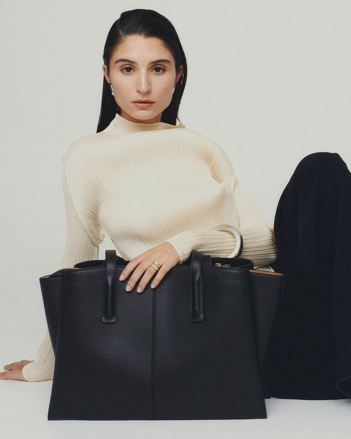 Sorvienne Structured Three Compartment Laptop Tote Bag in Black