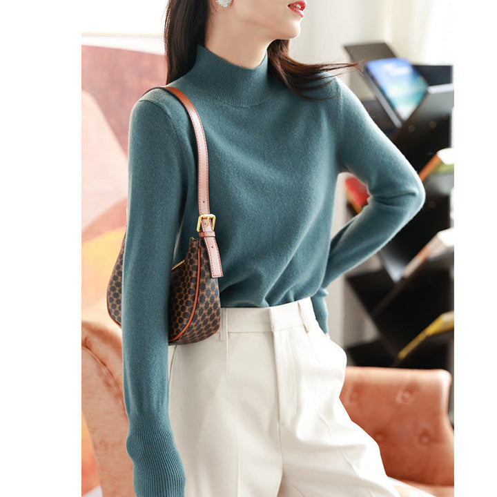 Sorvienne Slim Fine Knit Mock Neck Jumper in Teal