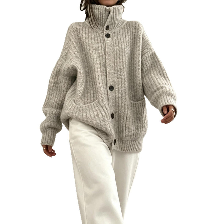 Sorvienne Oversized Chunky Rib Funnel Neck Cardigan in Light Grey