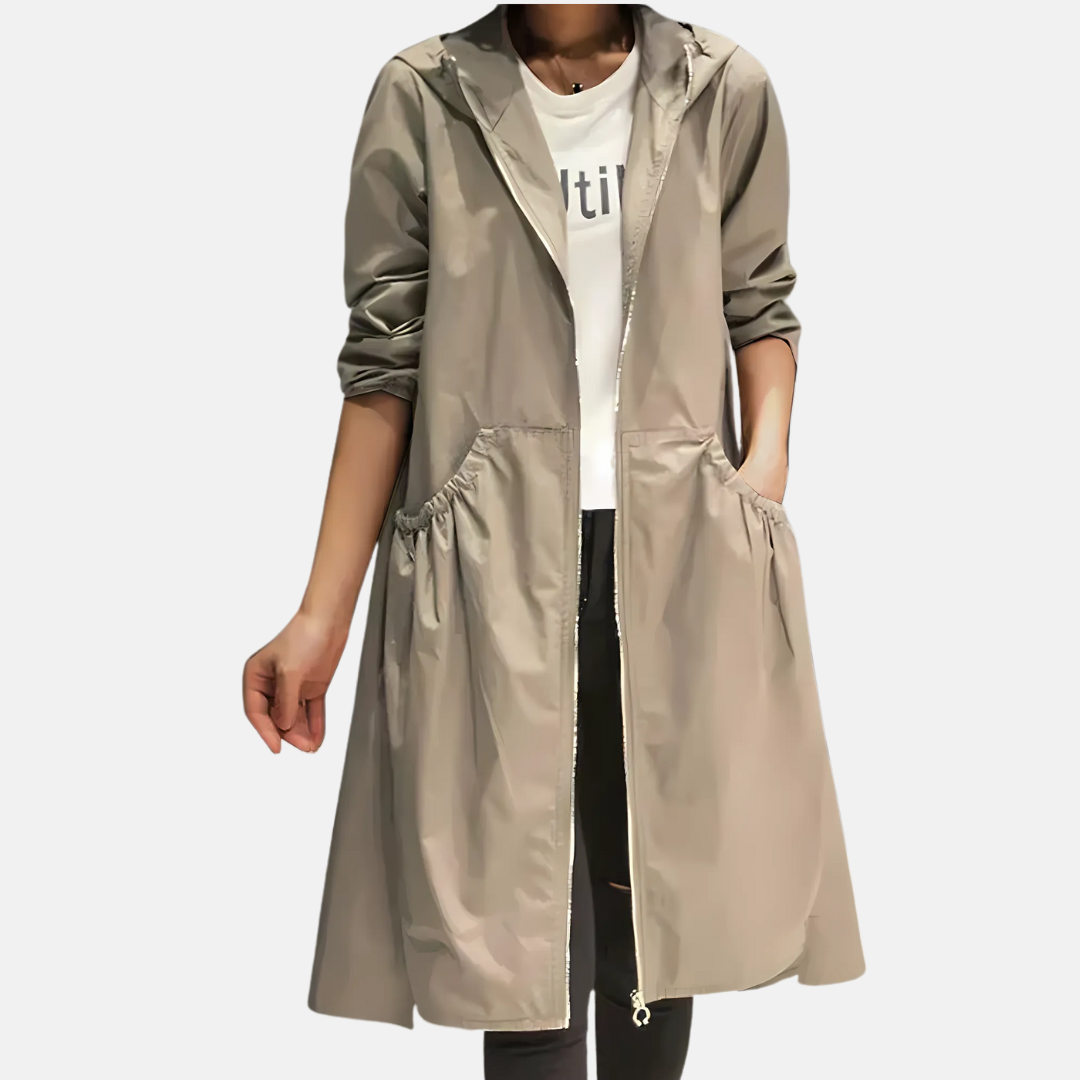 Sorvienne Hooded Zip Through Longline Raincoat in Stone