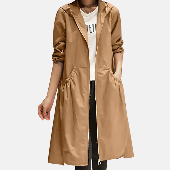 Sorvienne Hooded Zip Through Longline Raincoat in Camel