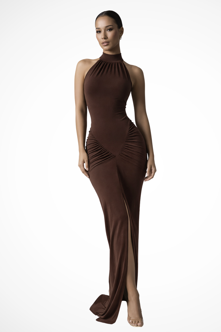 Sorvienne Women's Halter Neck Ruched Slit Maxi Dress in Brown