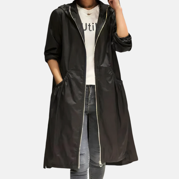 Sorvienne Hooded Zip Through Longline Raincoat in Black