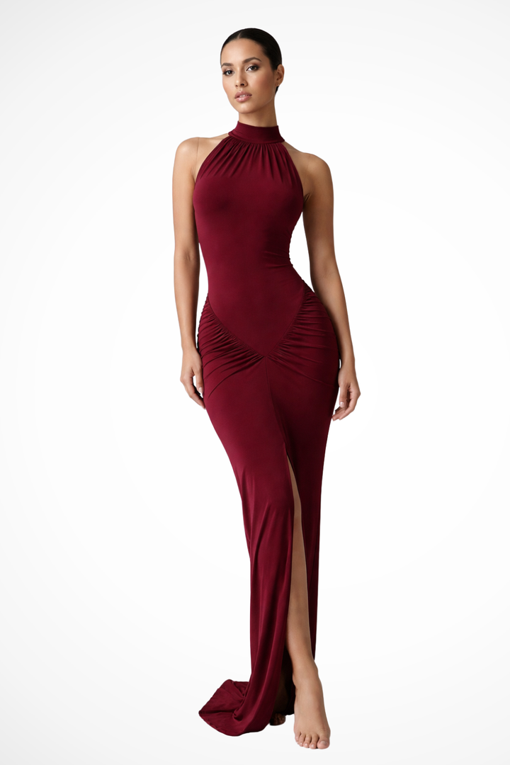 Sorvienne Women's Halter Neck Ruched Slit Maxi Dress in Wine Red