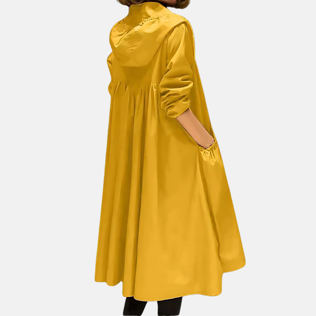 Sorvienne Hooded Zip Through Longline Raincoat in Mustard