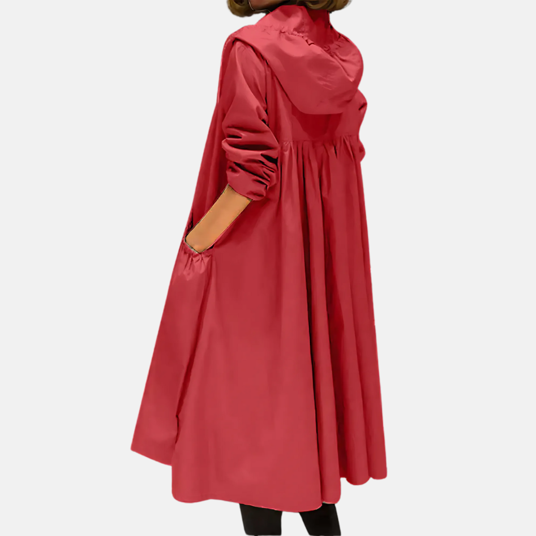 Sorvienne Hooded Zip Through Longline Raincoat in Red