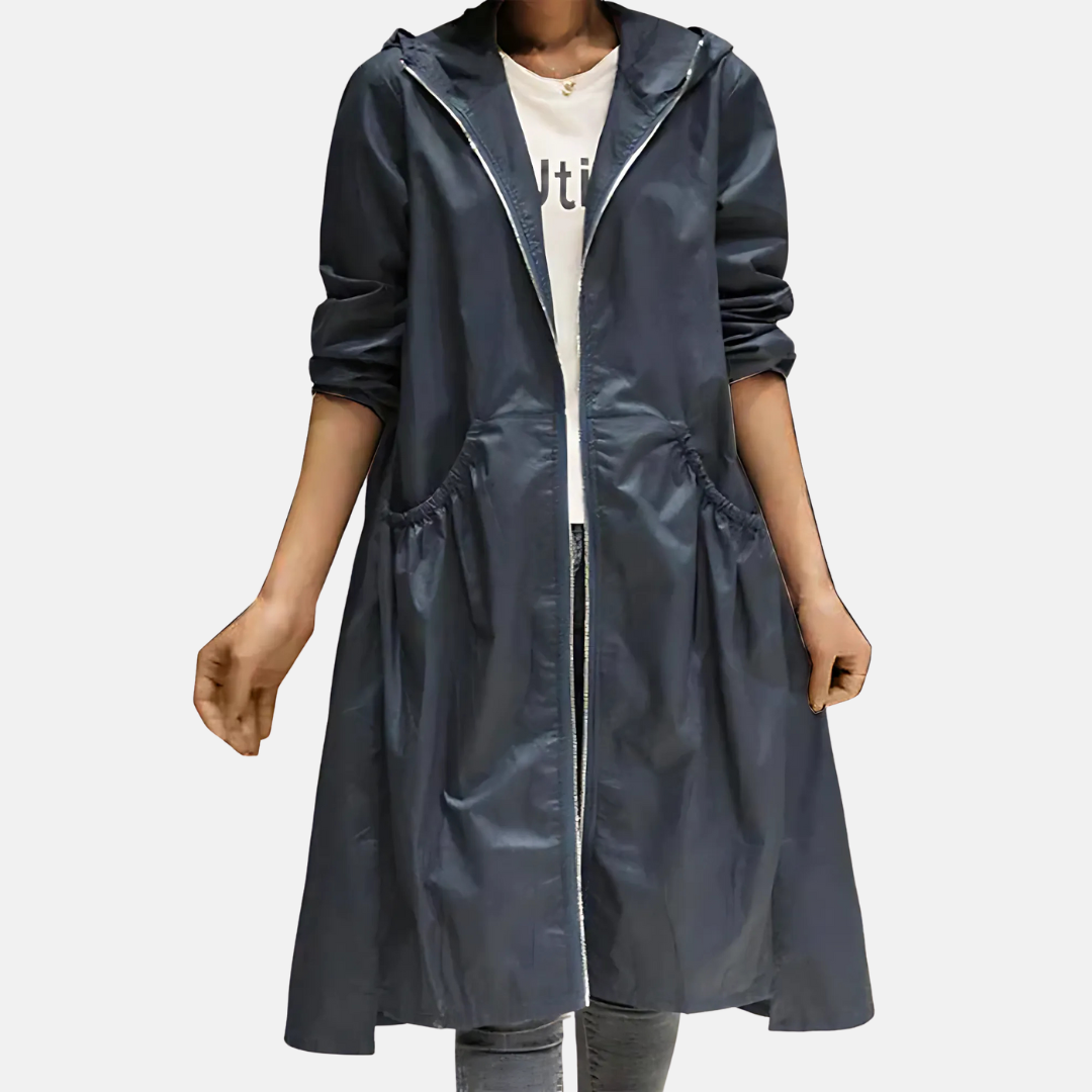 Sorvienne Hooded Zip Through Longline Raincoat in Navy