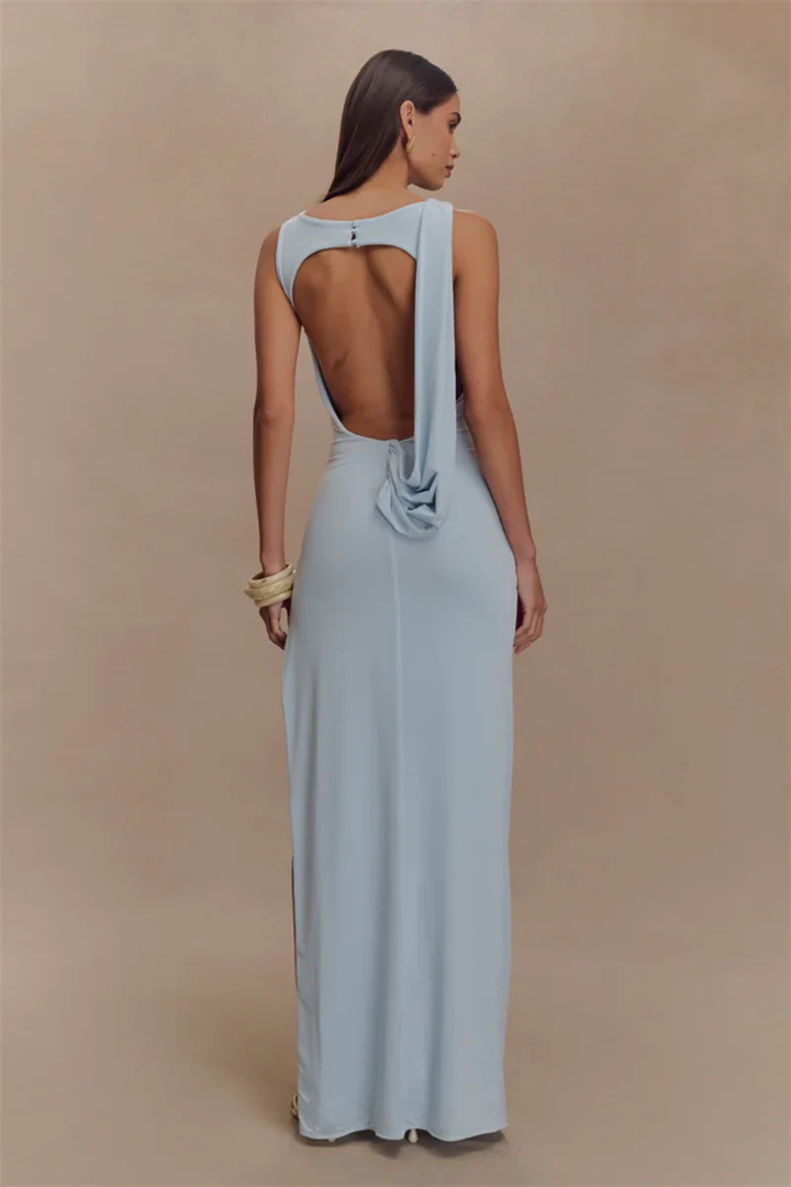 Sorvienne Women's Sleeveless Ruched Backless Slit Maxi Dress
