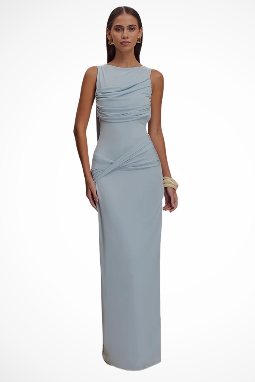 Sorvienne Women's Sleeveless Ruched Backless Slit Maxi Dress in Blue