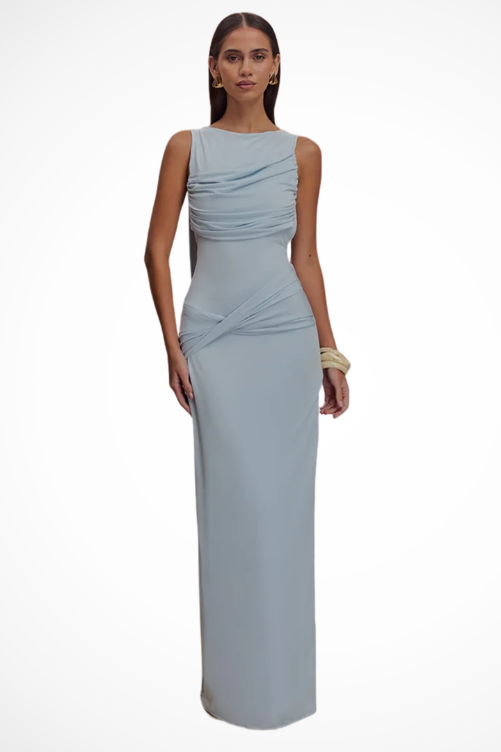 Sorvienne Women's Sleeveless Ruched Backless Slit Maxi Dress in Blue