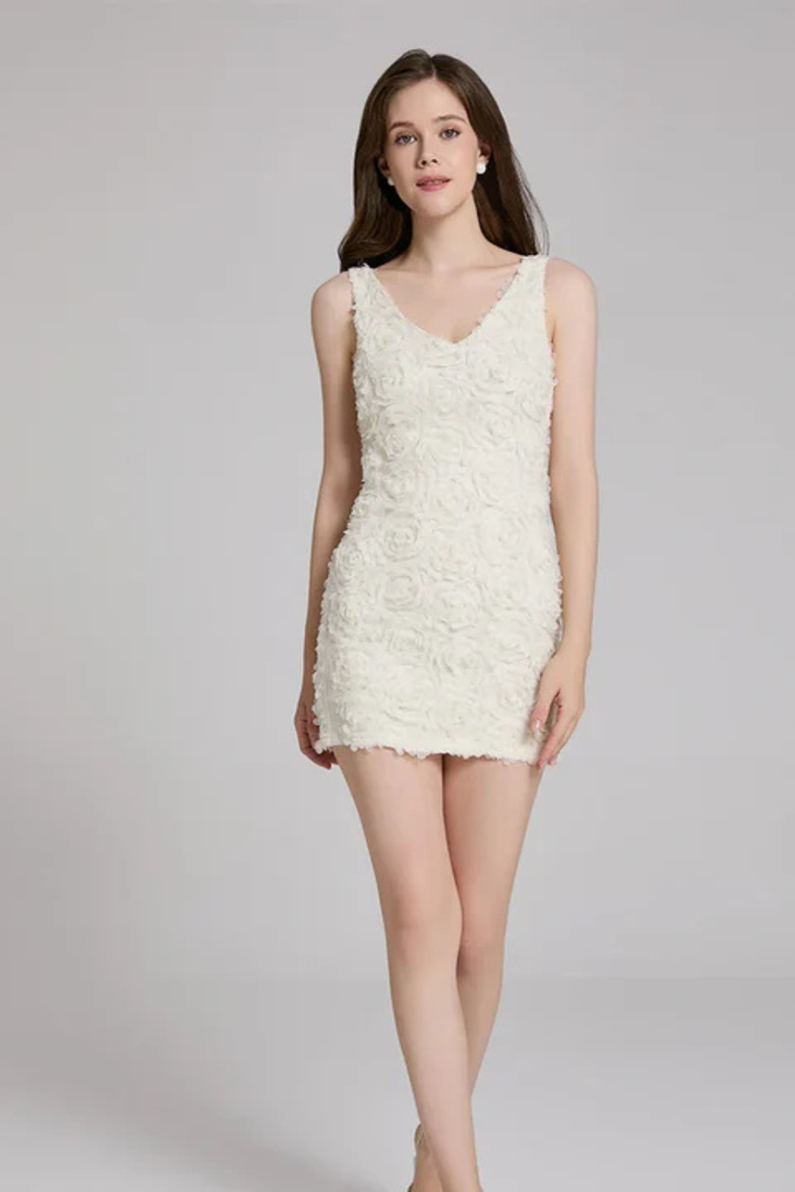 Sorvienne Women's 3D Floral Textured Fitted Wedding Guest Dress