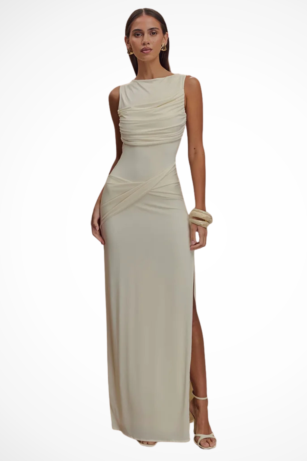 Sorvienne Women's Sleeveless Ruched Backless Slit Maxi Dress in White