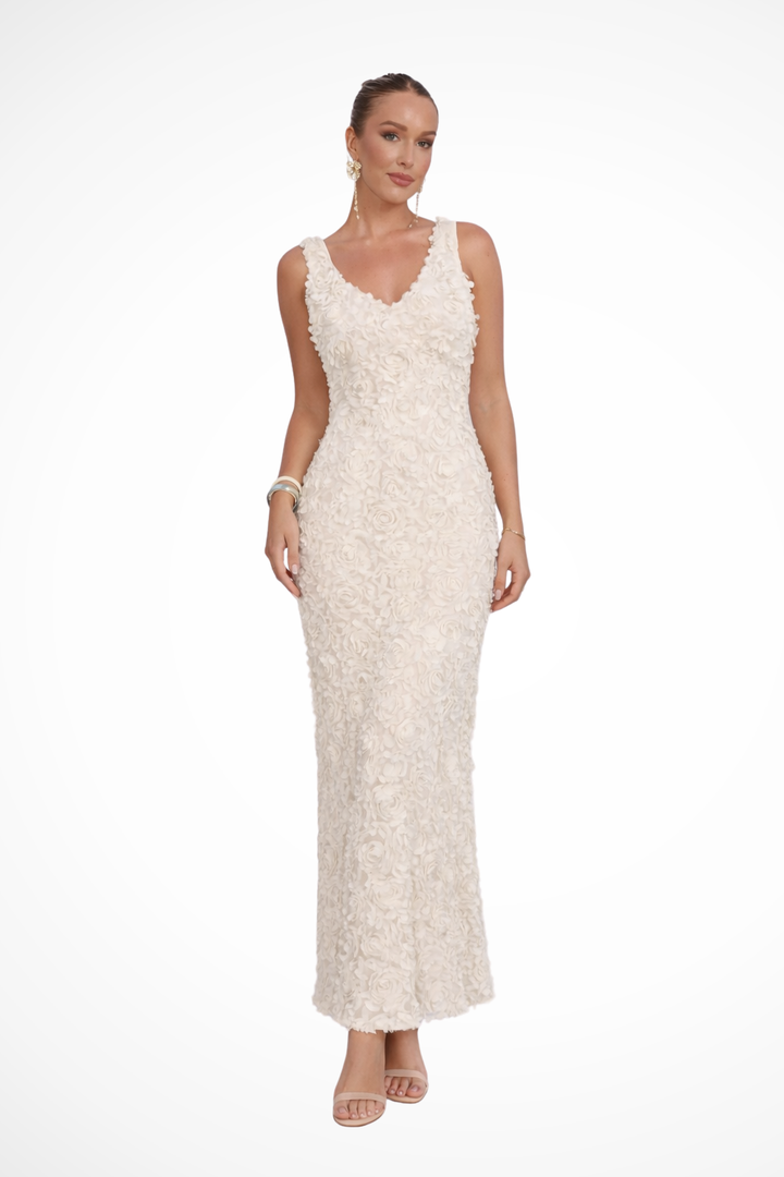 Sorvienne Women's 3D Floral Textured Fitted Wedding Guest Dress in Long Dress