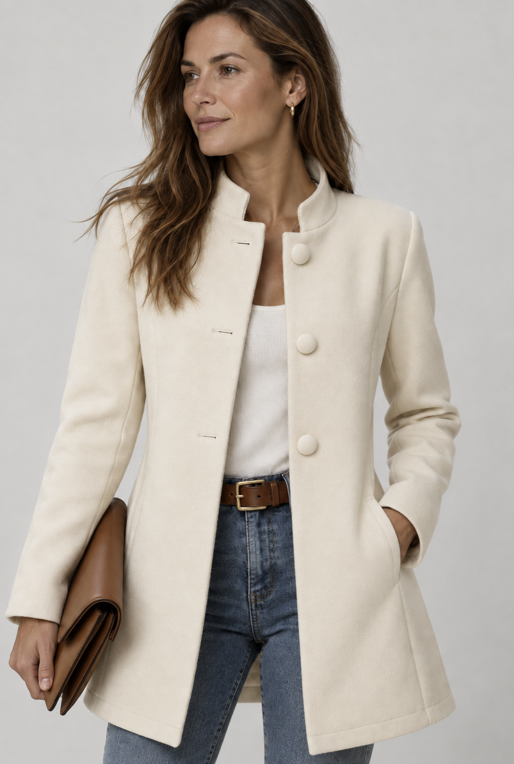 Sorvienne Tailored Wool Look Stand Collar Coat in Cream