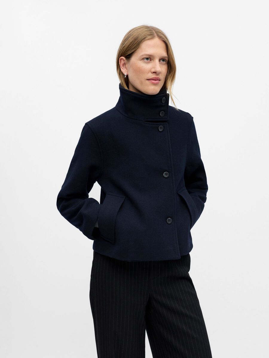 Sorvienne High Neck Raglan Wool Blend Jacket in Navy