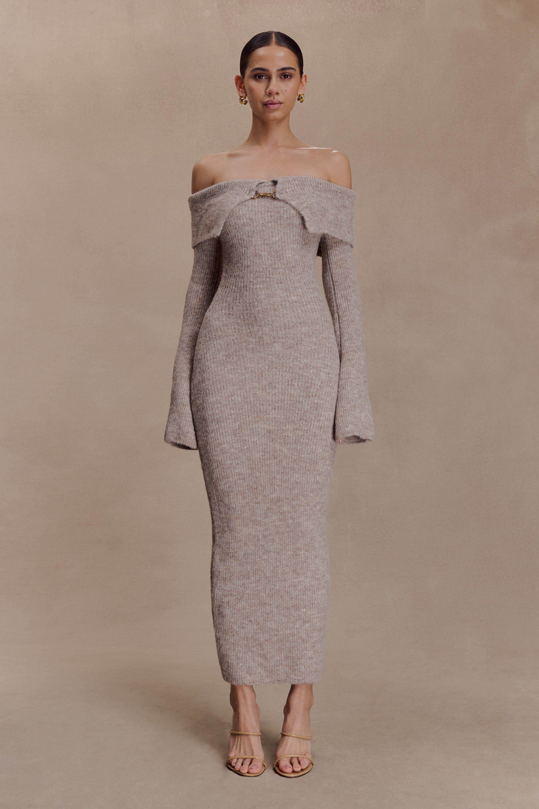 Sorvienne Slim Fluffy Knit Bardot Midi Dress