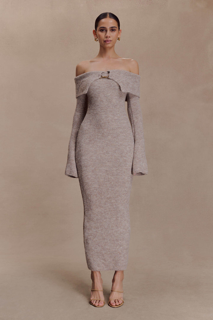 Sorvienne Slim Fluffy Knit Bardot Midi Dress