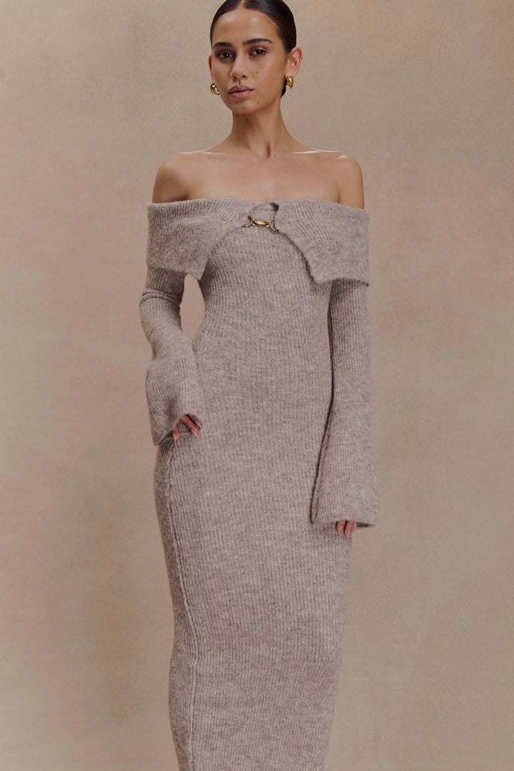 Sorvienne Slim Fluffy Knit Bardot Midi Dress