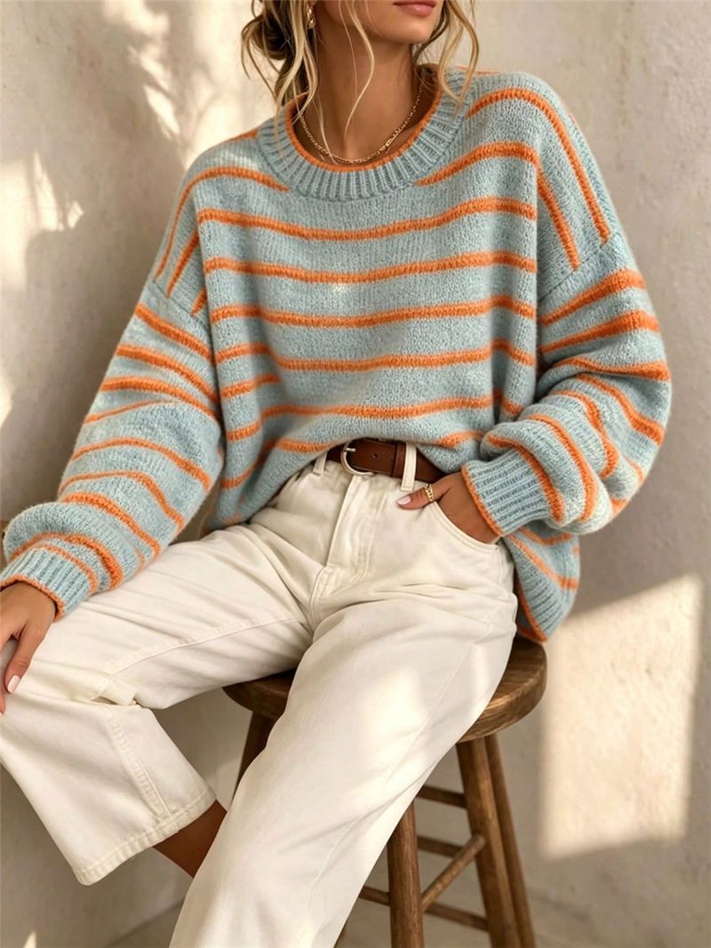 Sorvienne Relaxed Crew Neck Striped Jumper in Blue Stripe