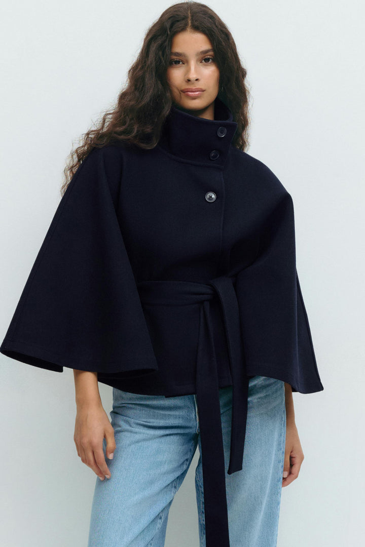Sorvienne Oversized Belted Funnel Neck Cape Coat in Navy