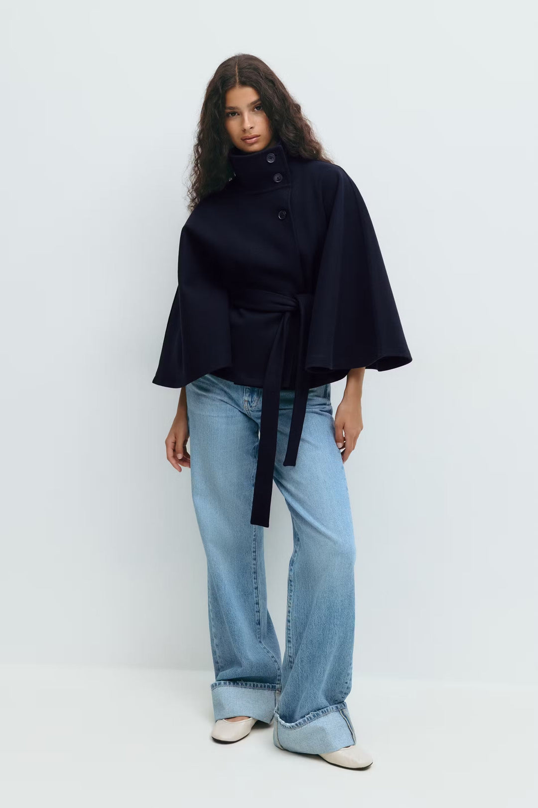 Sorvienne Oversized Belted Funnel Neck Cape Coat in Navy