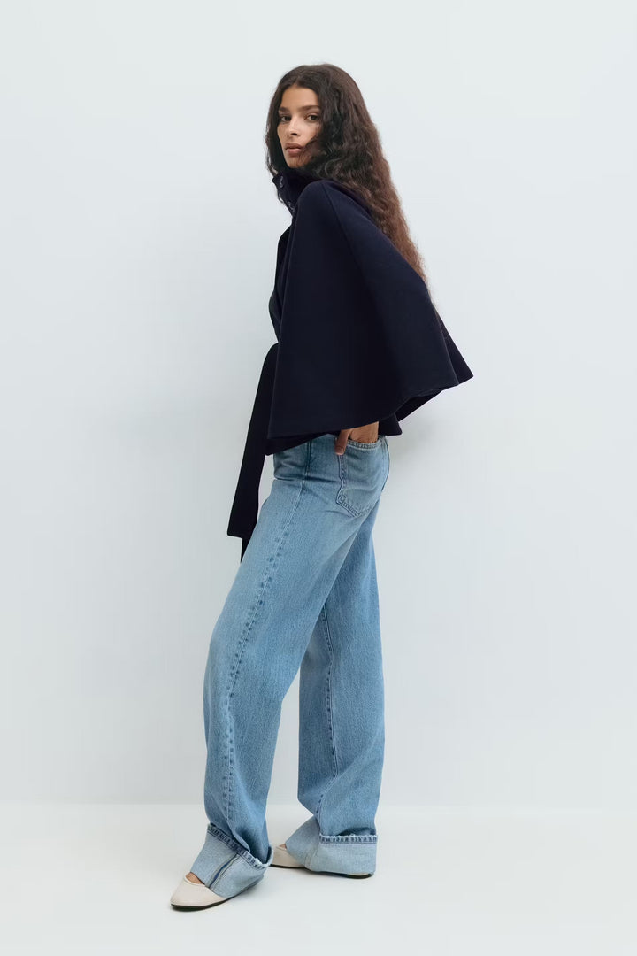 Sorvienne Oversized Belted Funnel Neck Cape Coat in Navy