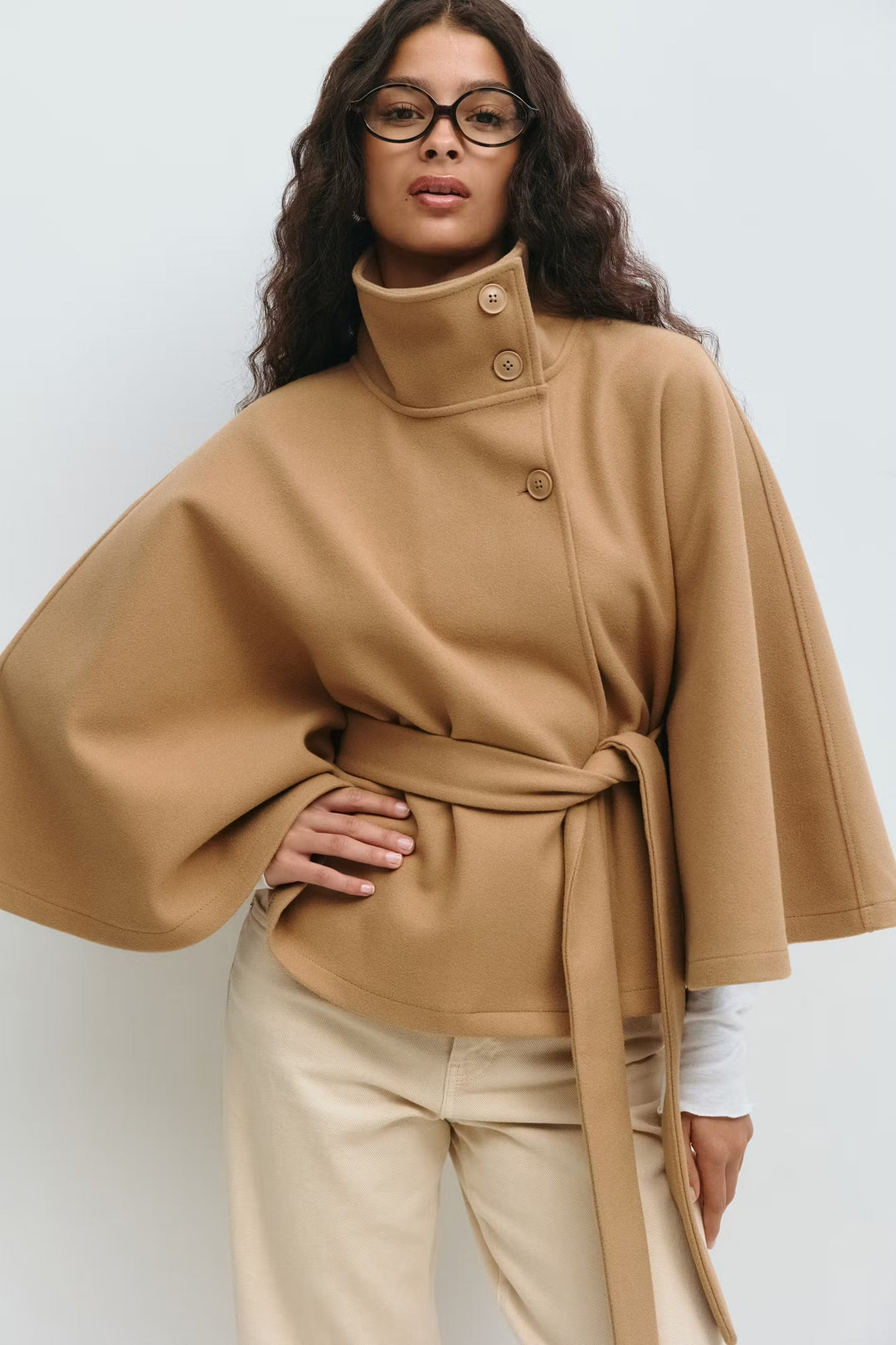 Sorvienne Oversized Belted Funnel Neck Cape Coat in Camel