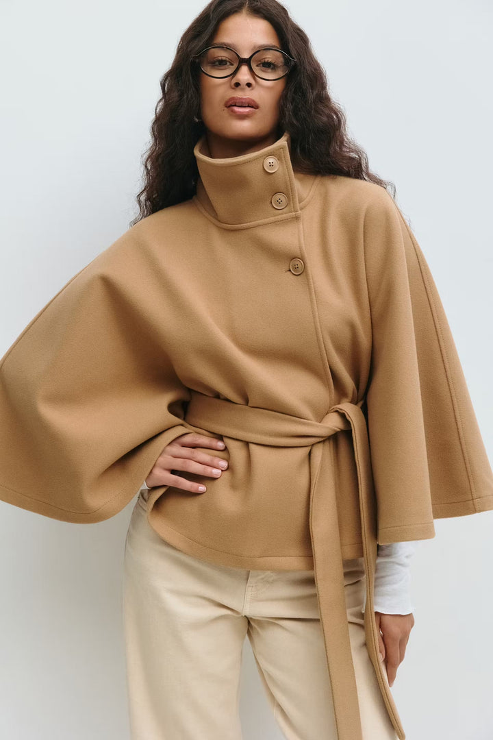 Sorvienne Oversized Belted Funnel Neck Cape Coat in Camel
