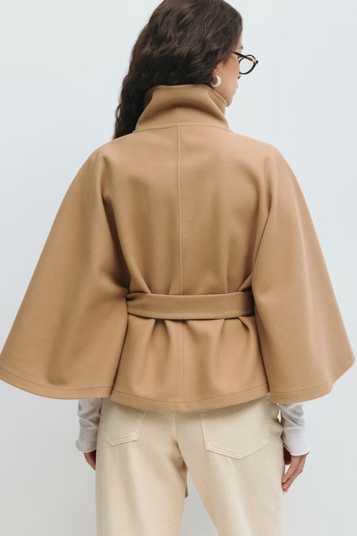 Sorvienne Oversized Belted Funnel Neck Cape Coat in Camel
