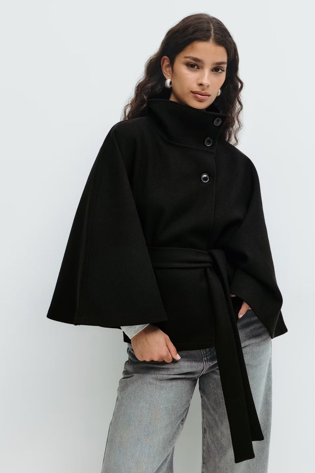 Sorvienne Oversized Belted Funnel Neck Cape Coat in Black