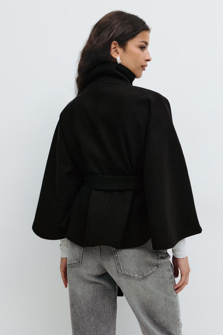 Sorvienne Oversized Belted Funnel Neck Cape Coat in Black