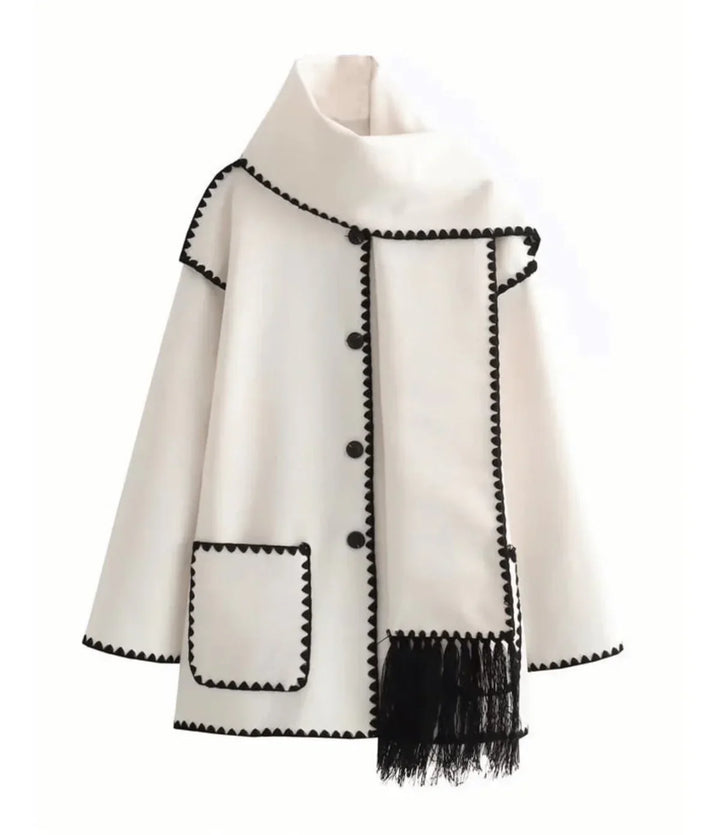 Sorvienne Oversized Blanket Stitch Scarf Coat in Cream with Black Trim
