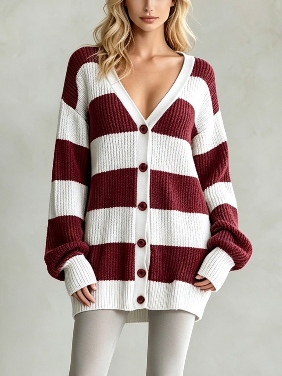 Sorvienne Oversized Button Front Striped Cardigan in Burgundy Stripe