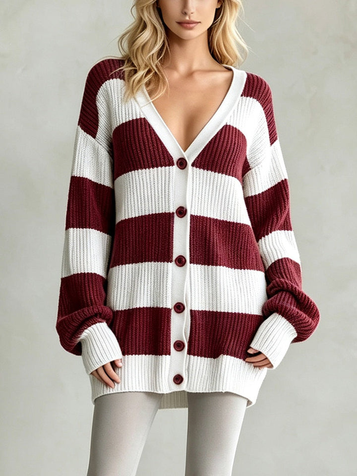 Sorvienne Oversized Button Front Striped Cardigan in Burgundy Stripe