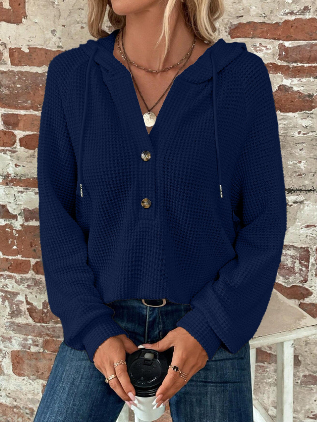 Sorvienne Relaxed Button Neck Waffle Knit Hoodie in Navy